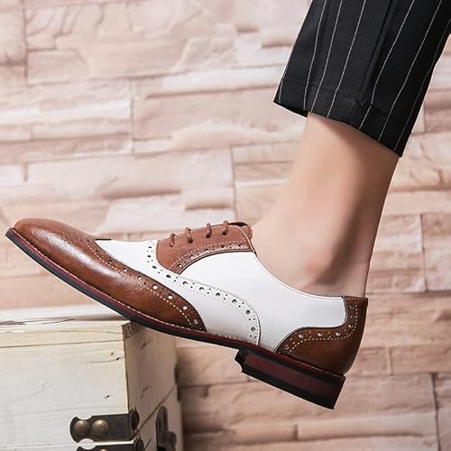 HuitJours Men Oxford Dress Shoes Multicolor Brogues Wing Tips Lace Up Patchwork Two Tone Color Matching Punched Round Toe