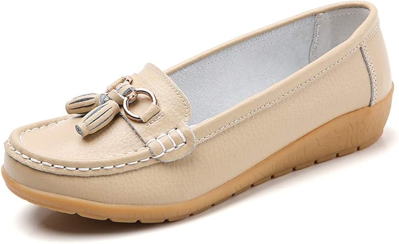 Women Loafers Leather Rubber Sole Slip On Walking Flats Casual Moccasin Boat Shoes