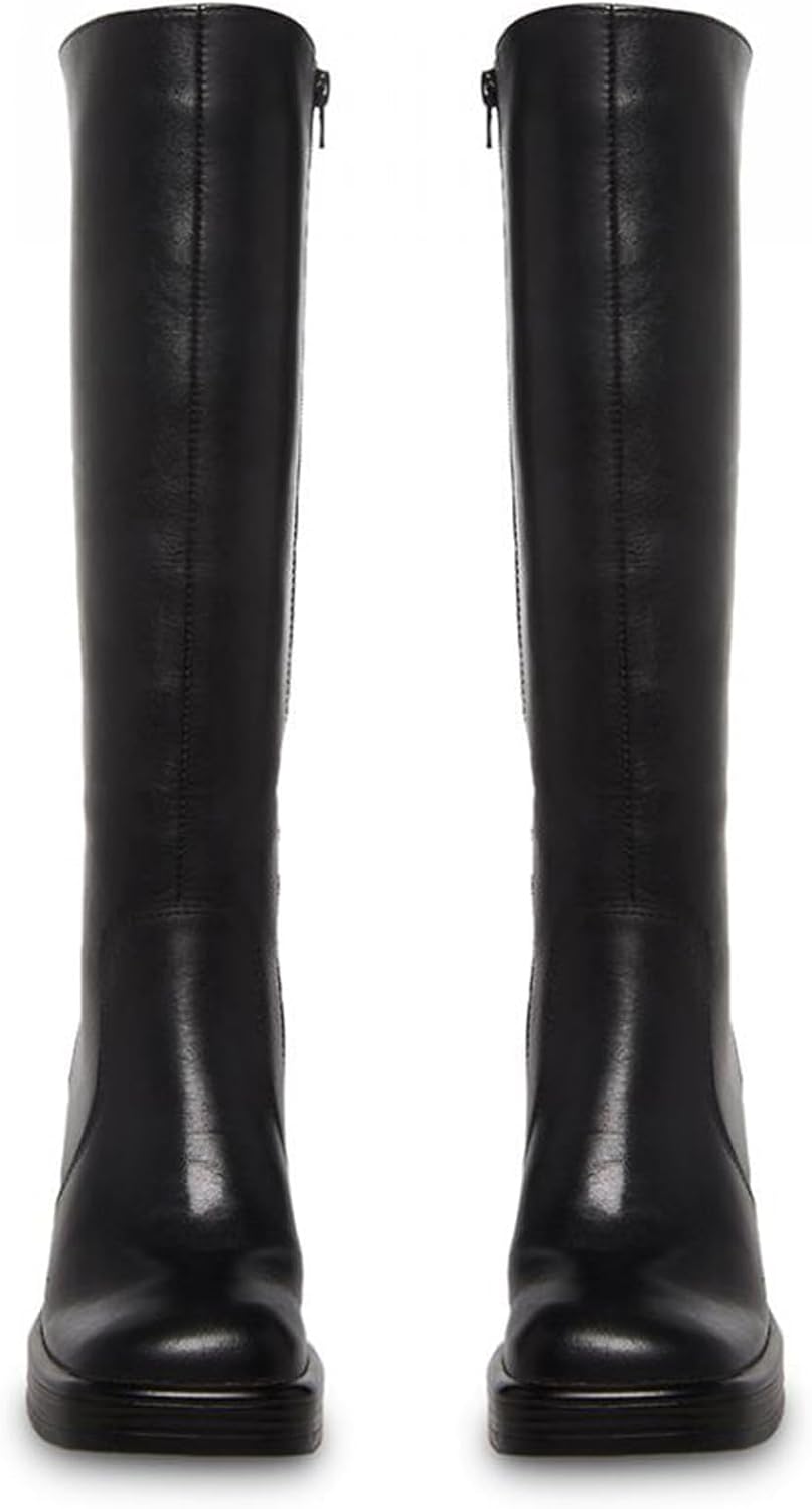 SOVANYOU Black Leather Boots Platform Boots for Women Square Toe Chunky Block Heeled Boots