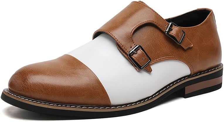 Men's Double Monk Strap Dress Shoes Classic Oxford Slip-On with Buckle Business Casual Formal Footwear