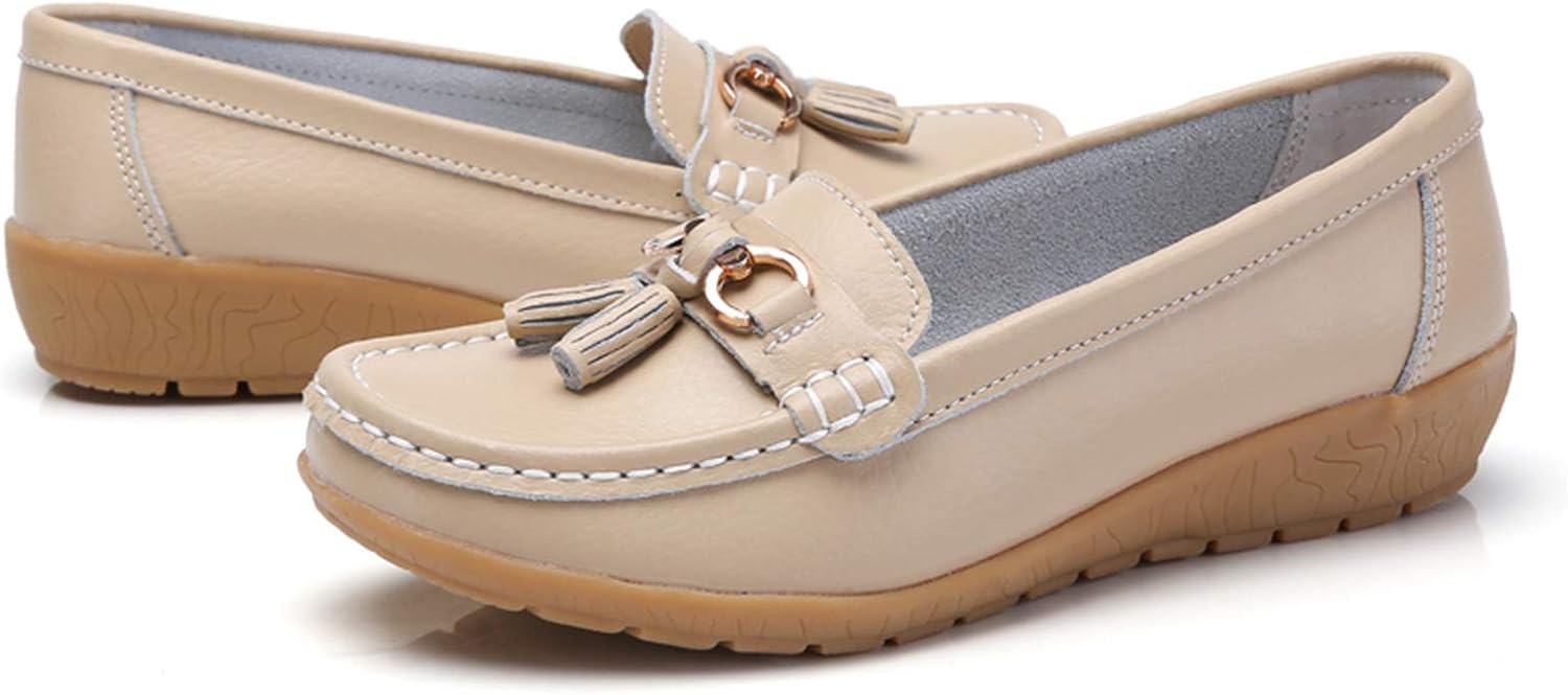 Women Loafers Leather Rubber Sole Slip On Walking Flats Casual Moccasin Boat Shoes