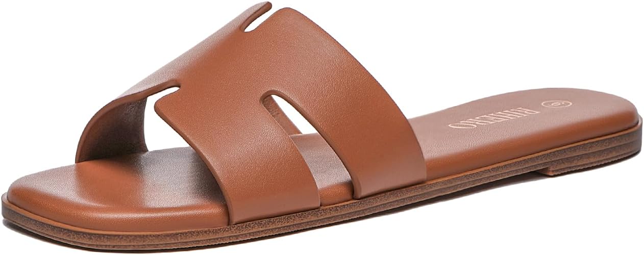 Rihero Women's Dressy Flat Sandals Comfortable Slip On Leather Slide Sandals