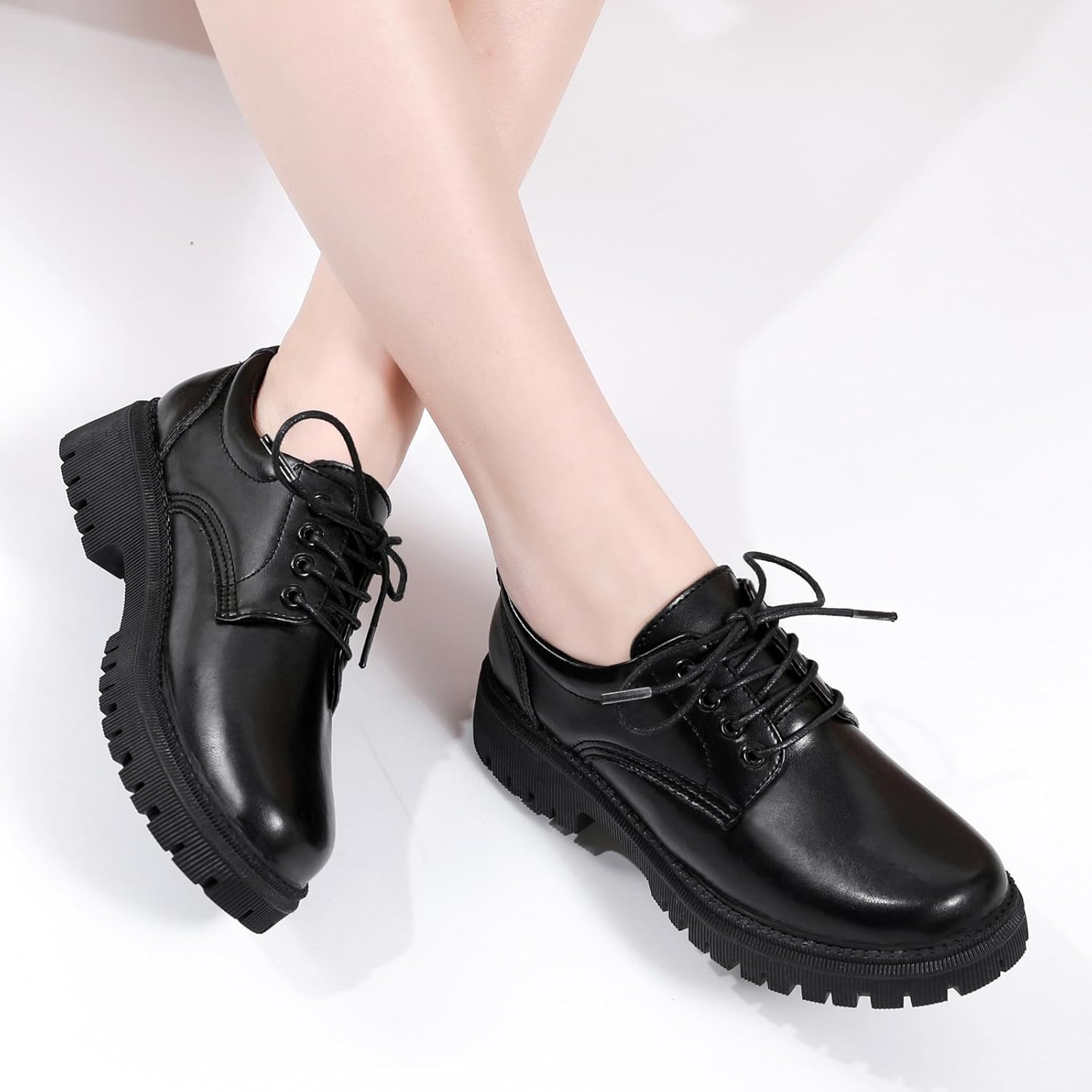 Black Platform Oxford Shoes for Women Chunky Leather Work Office Non Slip Dress Shoes Saddle Comfortable Business Shoes