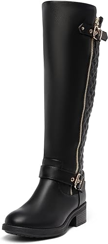 DREAM PAIRS Women's Knee High Boots Low Block Heel Riding Boots Round Toe Side Zipper Biker Motorcycle Buckle Boots