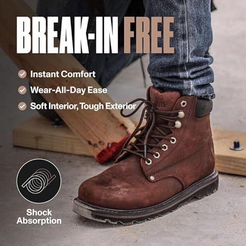 Work Boots for Men Soft Toe – 6inch Leather Boots for Construction Rubber Sole Working botas de trabajo para hombre, “Tank” Workboots