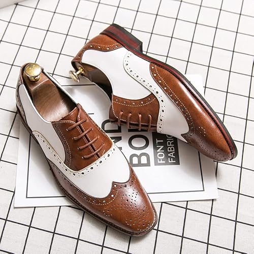 HuitJours Men Oxford Dress Shoes Multicolor Brogues Wing Tips Lace Up Patchwork Two Tone Color Matching Punched Round Toe