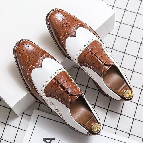 HuitJours Men Oxford Dress Shoes Multicolor Brogues Wing Tips Lace Up Patchwork Two Tone Color Matching Punched Round Toe