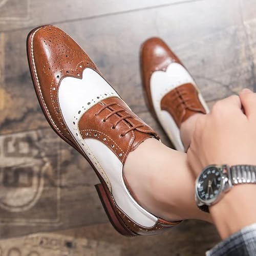 HuitJours Men Oxford Dress Shoes Multicolor Brogues Wing Tips Lace Up Patchwork Two Tone Color Matching Punched Round Toe