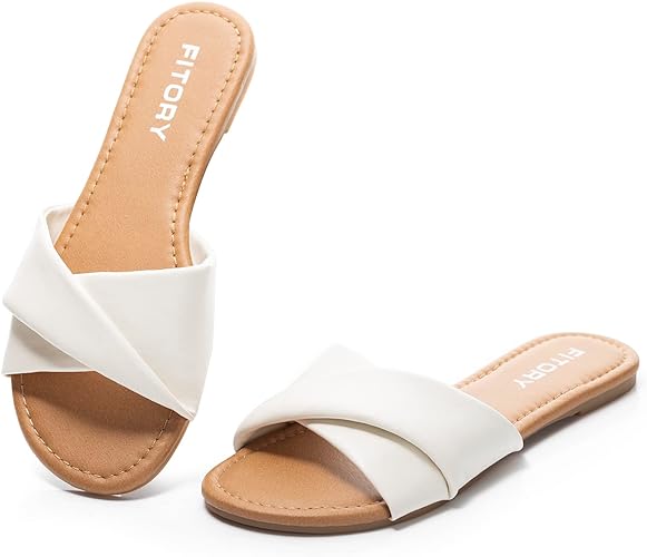 FITORY Women's Flat Sandals Fashion Slides With Soft Leather Slippers for Summer Size 6-11