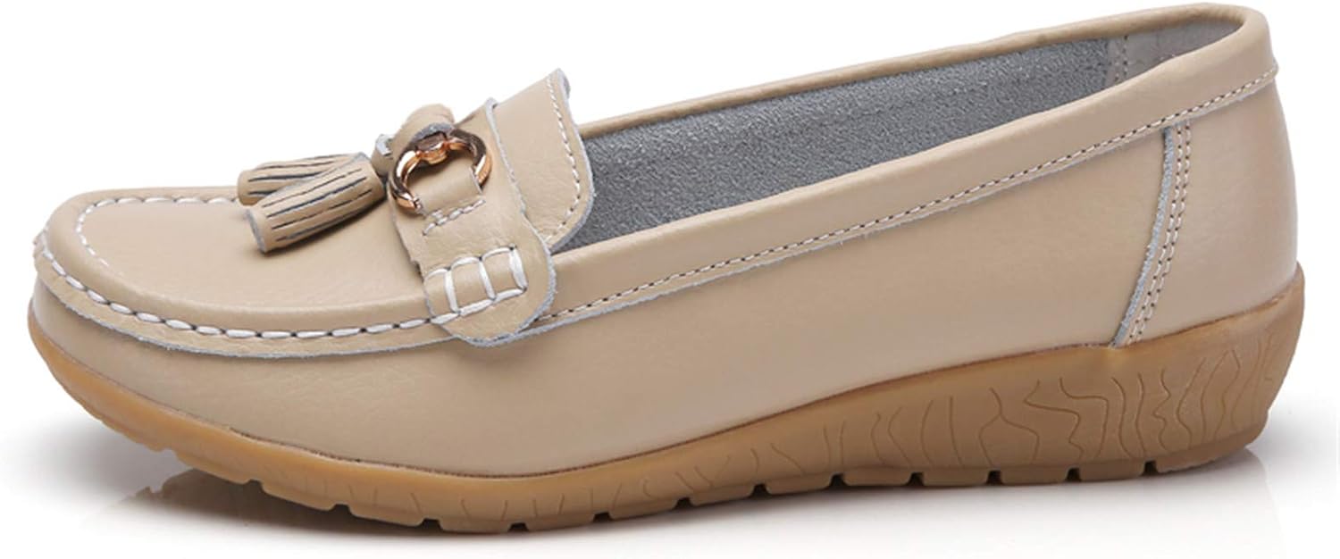 Women Loafers Leather Rubber Sole Slip On Walking Flats Casual Moccasin Boat Shoes