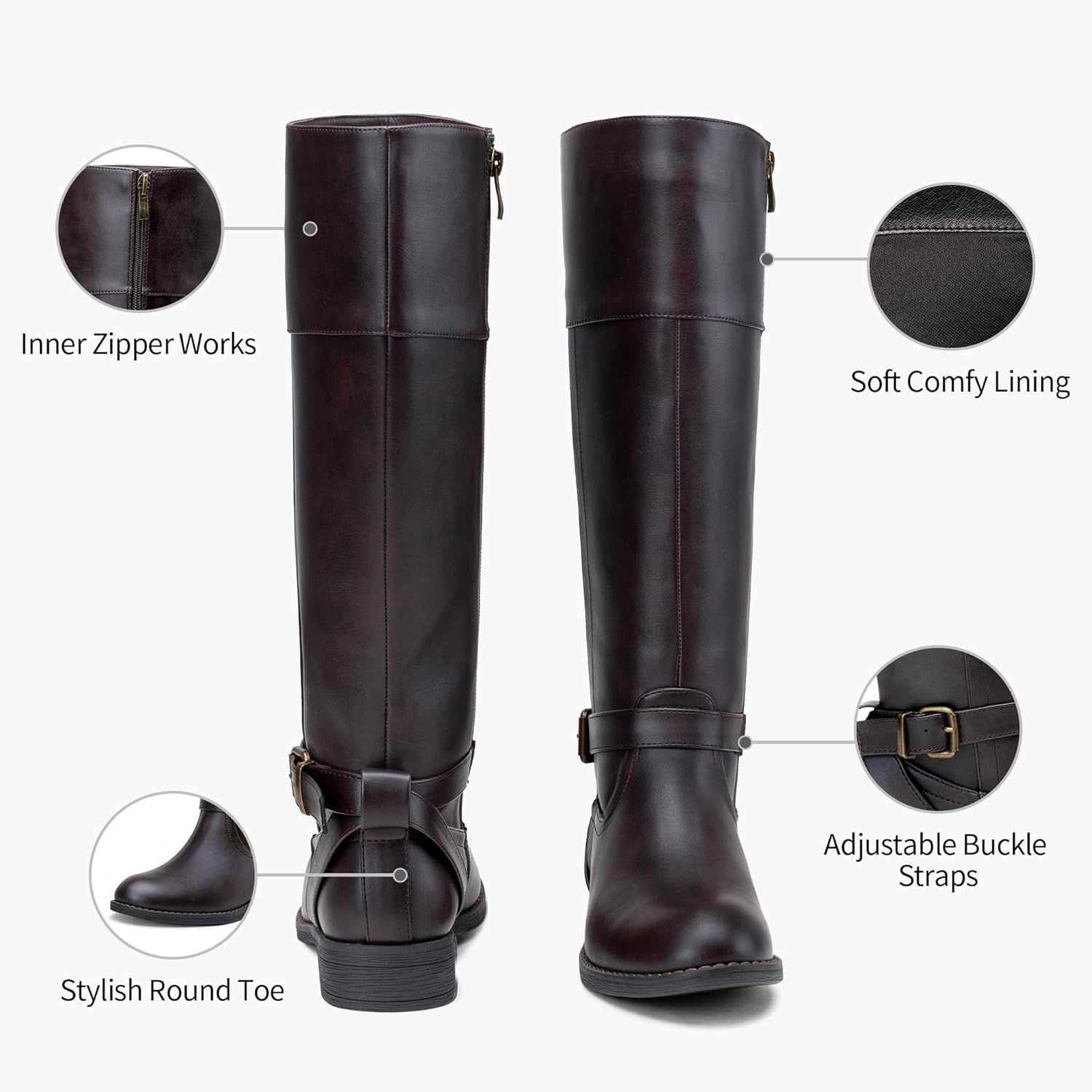 Jeossy Women's 50 Knee High Calf Riding Boots with Metal Buckle and Zipper