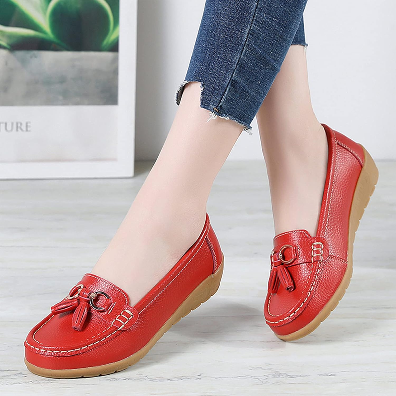 Shoes Loafers for Women Classic Leather Loafers Casual Slip-On Boat Shoes ComfortWalking Moccasins Soft Sole Shoes