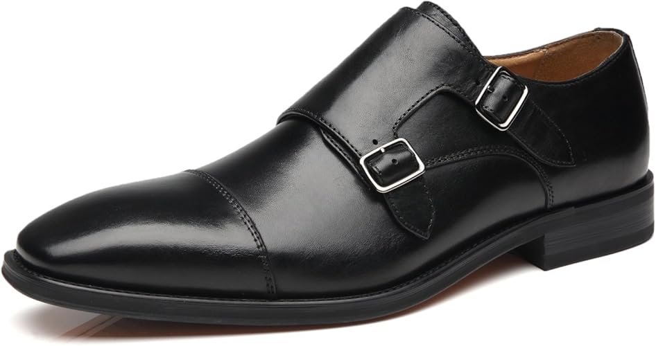 Mens Double Monk Strap Slip on Loafer Cap Toe Leather Oxford Formal Business Casual Comfortable Dress Shoes for Men