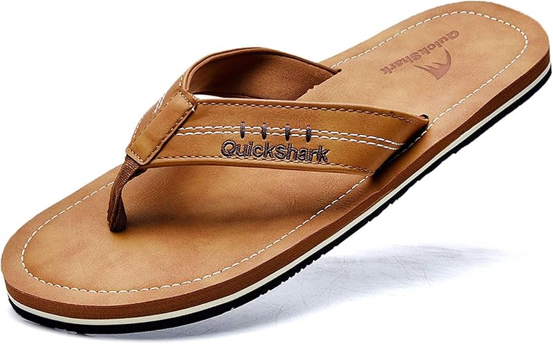 Quickshark Mens Flip Flops Leather Thong Sandals Arch Support Beach Slippers