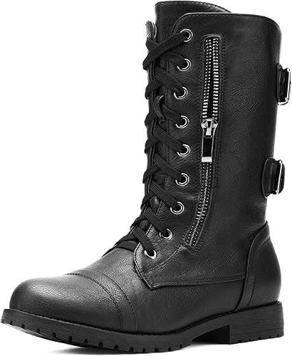 DREAM PAIRS Women's Combat Boots, Mid Calf Built-in Wallet Pocket Lace up Military Ankle Booties