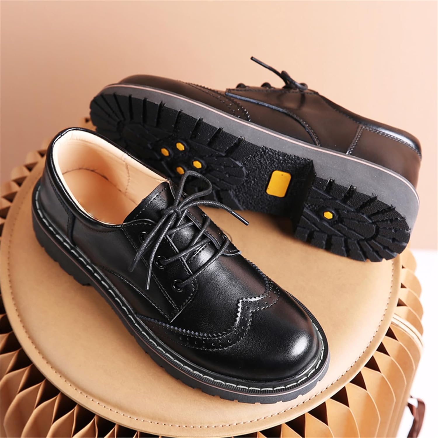 Oxford Shoes for Women,Perforated Lace-up Round Toe Leather Low Heel Brogues Shoe for Girls Ladies Women