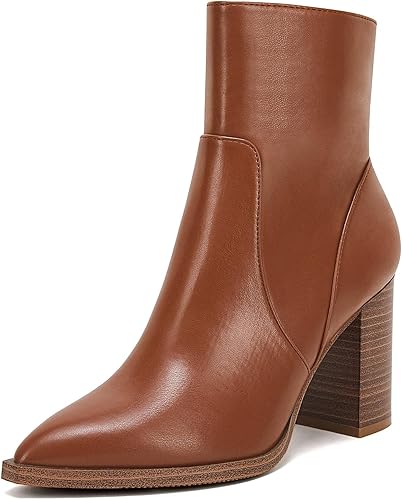 LAICIGO Women's Pointed Toe Ankle Boots Chunky Stacked Heel Side Zipper Faux Leather Ankle Booties