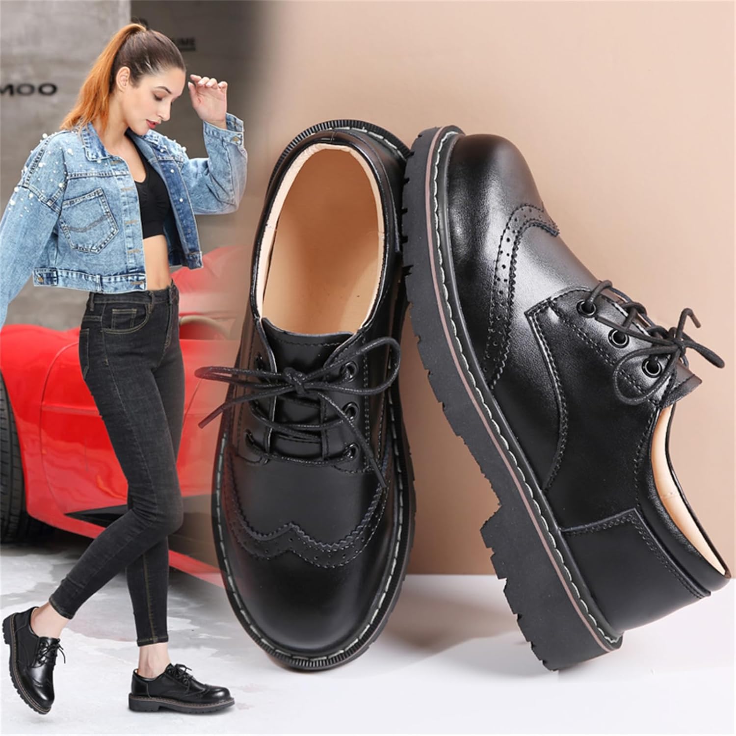 Oxford Shoes for Women,Perforated Lace-up Round Toe Leather Low Heel Brogues Shoe for Girls Ladies Women