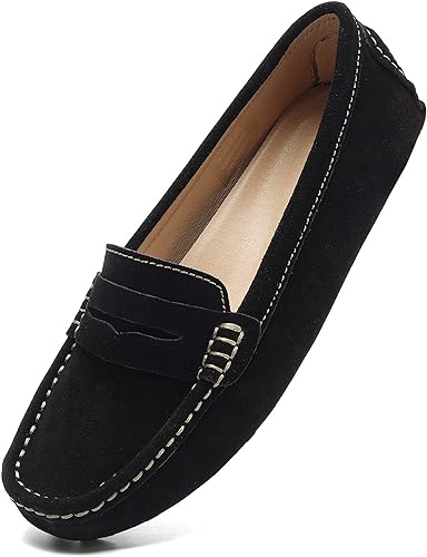 Osslue Women's Suede Leather Casual Penny Loafers Retro Ladies Moccasins Driving Mocs Comfort Slip-On Fashion Boat Shoes Classic Flats