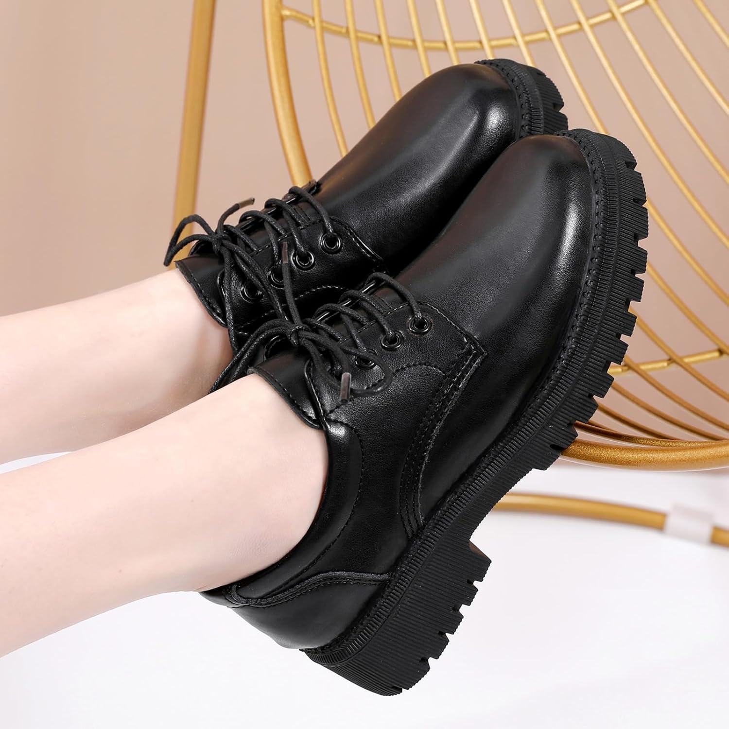 Black Platform Oxford Shoes for Women Chunky Leather Work Office Non Slip Dress Shoes Saddle Comfortable Business Shoes