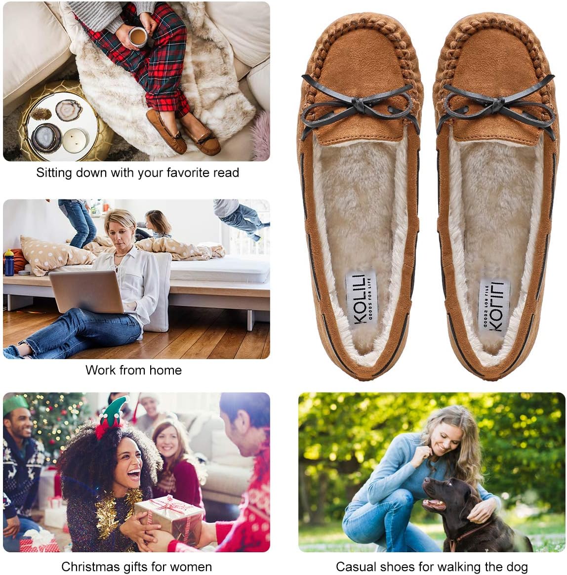 KOLILI Womens Faux Fur Moccasin Slippers, Indoor Outdoor Warm & Cozy House Shoes with Durable Rubber Sole