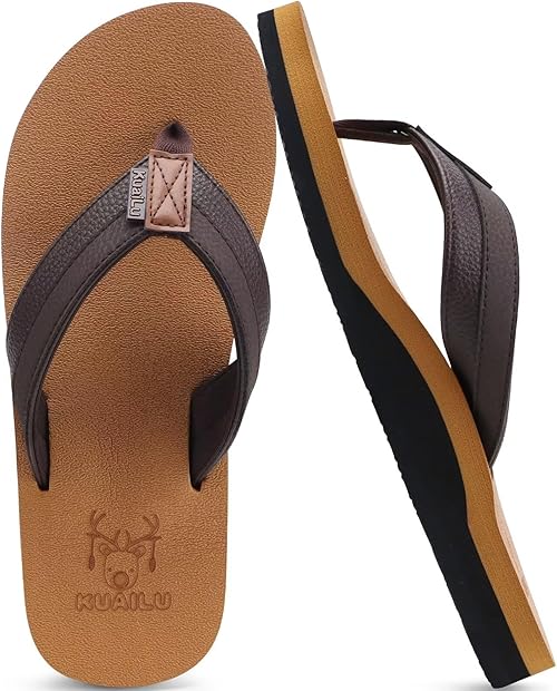 KuaiLu Men's Yoga Mat Leather Flip Flops Thong Sandals with Arch Support