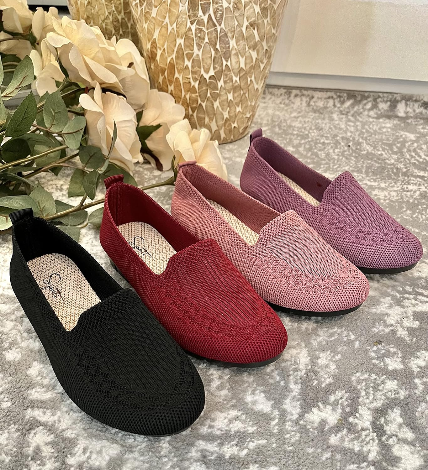 Women's Knitted Flat Shoes Lightweight Comfortable Loafers Women Footwear Slip On Casual Breathable Mesh Walking Shoes Female Round Toe Black, Pink, Purple, Red, Navy Blue, G